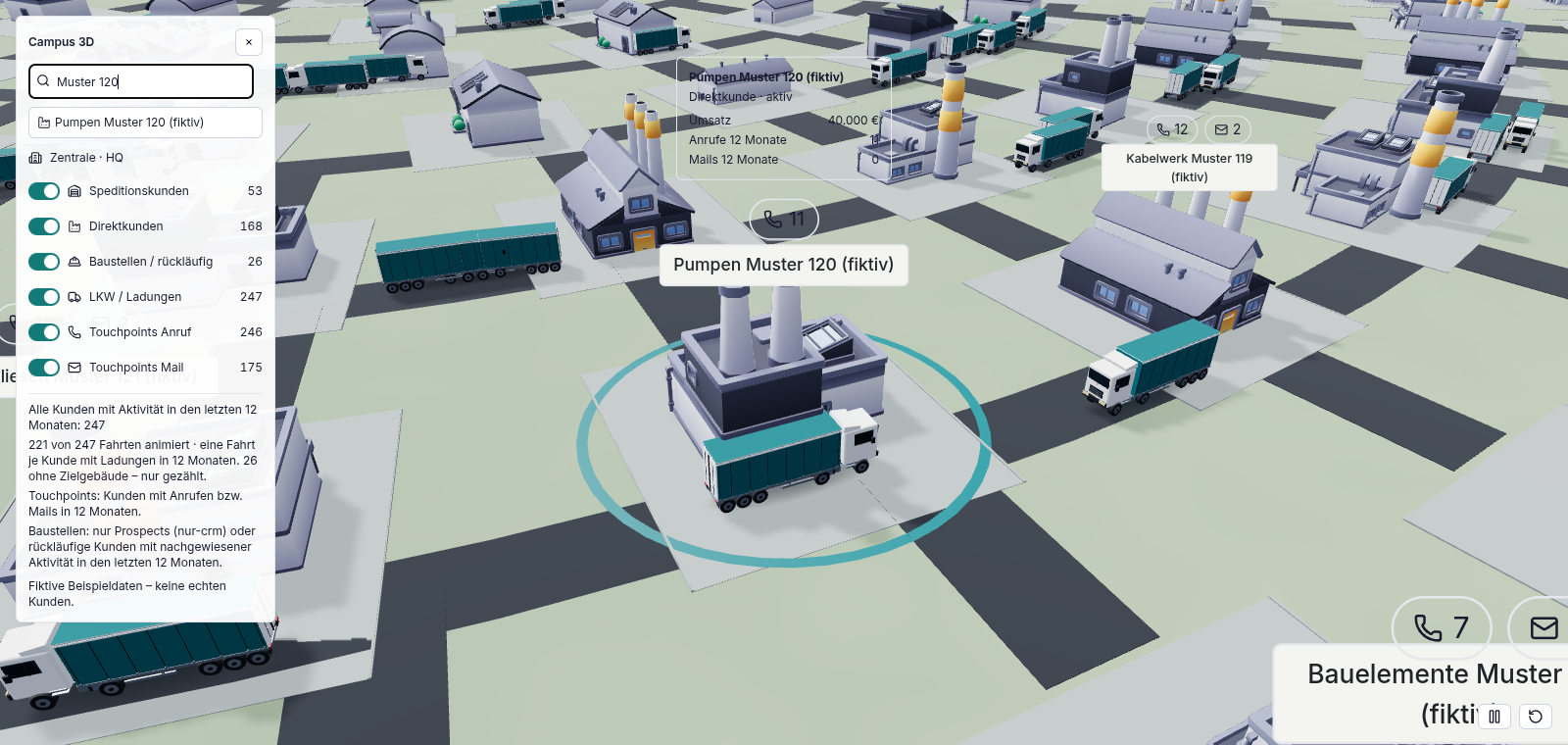 Vorschau des 3D-Speditionscampus mit Hallen, Fabriken, LKW und Kunden-Suche anhand fiktiver Beispieldaten